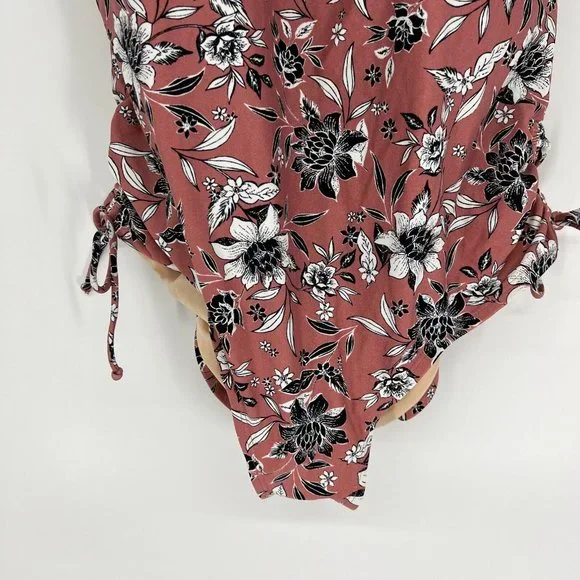 Kona Sol Swimsuit One Piece Pink Floral Print V Neck Side Cinch - Picture 4 of 12